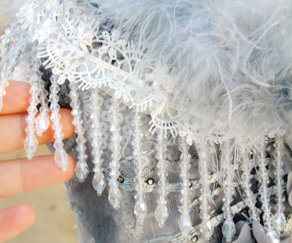 Silver Swan Feather Couture Dog Dress – Luxury Crystal Wedding Gown with Feather Train & Pearl Details