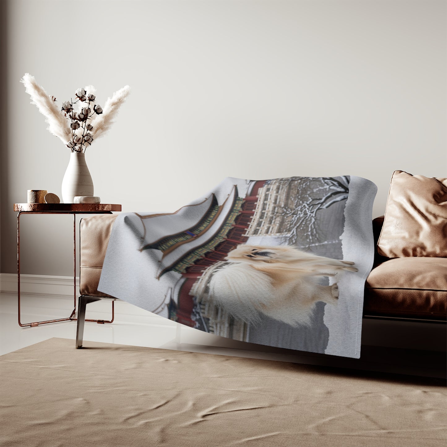 Pekingese in Snow Sweatshirt Blanket — Cozy Pet Photo Throw with Temple Background