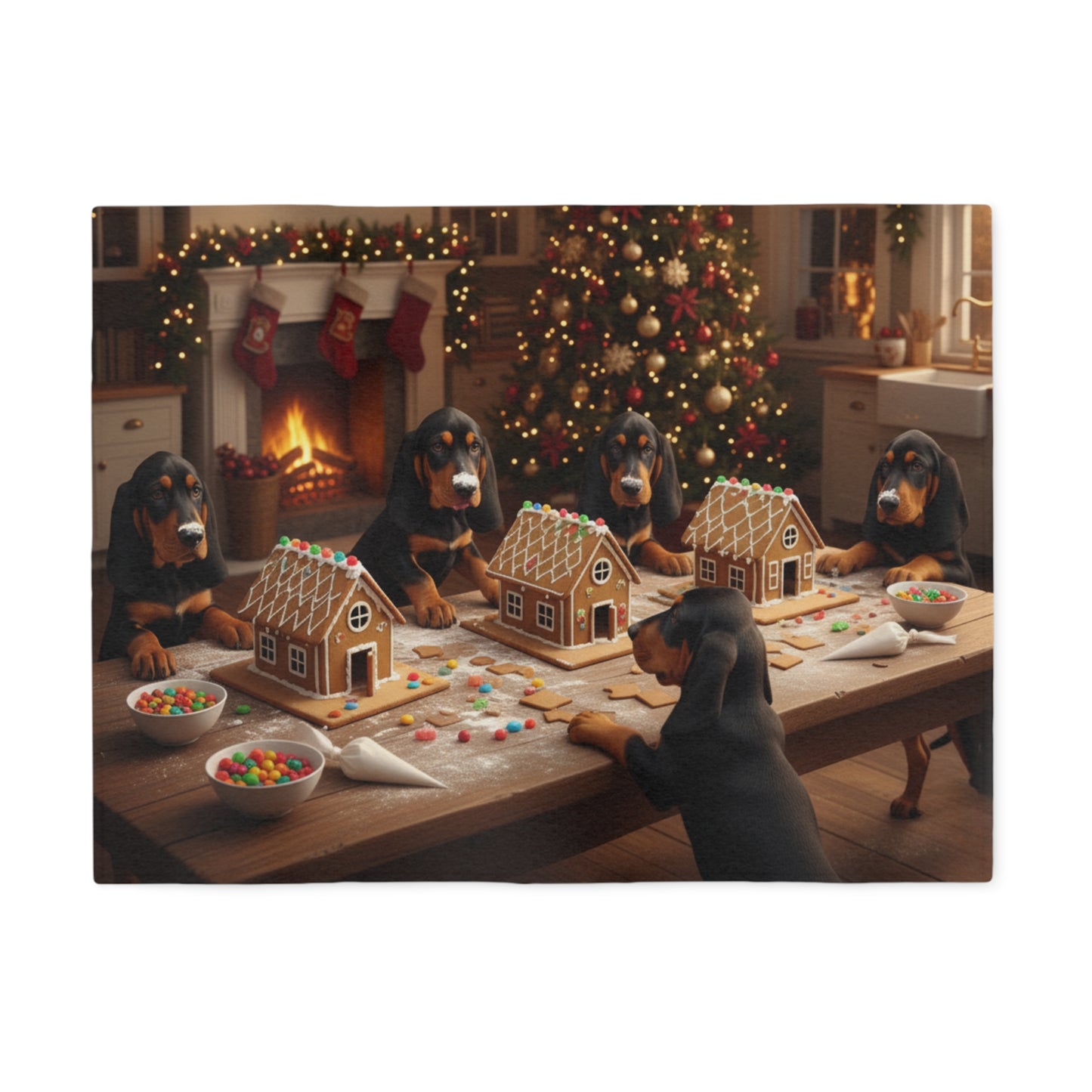 Festive Black and Tan Coonhounds Building Gingerbread Houses Blanket