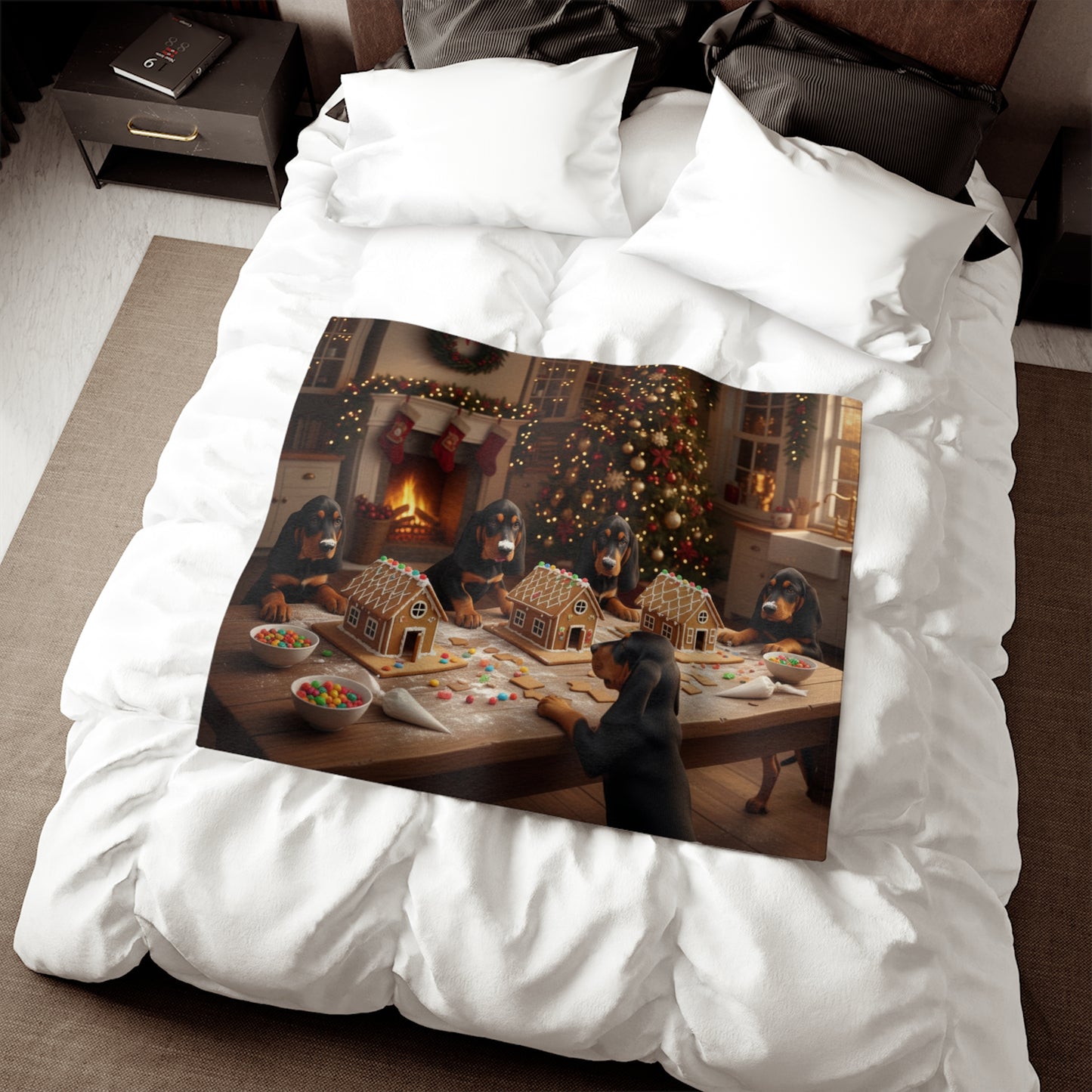 Festive Black and Tan Coonhounds Building Gingerbread Houses Blanket
