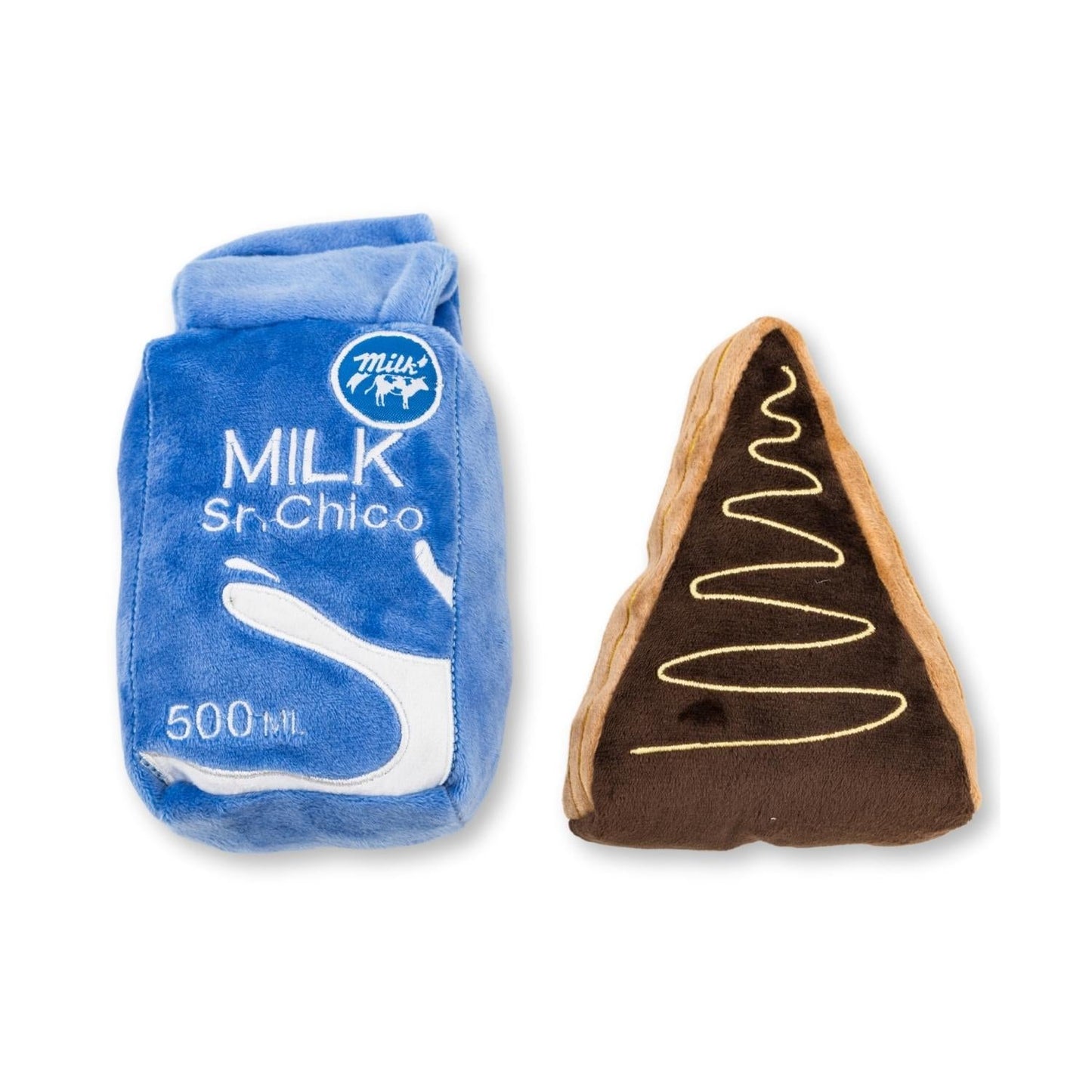 Coffret cadeau de peluche pour chien « Gâteau en tranches et lait » – avec couineur et papier froissé