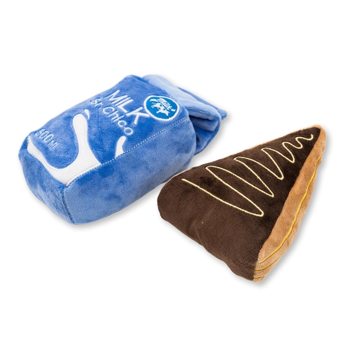 Coffret cadeau de peluche pour chien « Gâteau en tranches et lait » – avec couineur et papier froissé