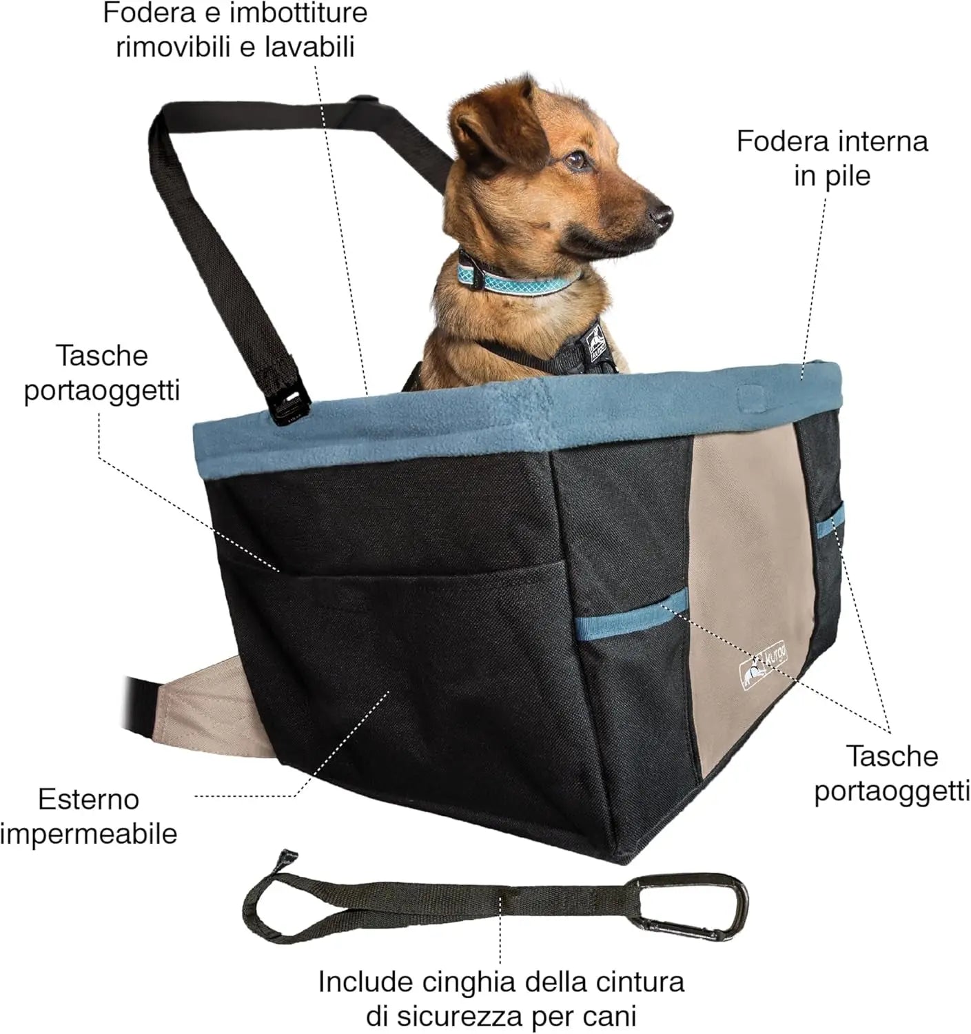 Asiento elevador para perros - Mantiene a los perros seguros y cómodos - Exterior impermeable - Forro extraíble y lavable - Asiento de coche para perros con correa de arnés - Plegable - Estilo Rover - Negro/Azul