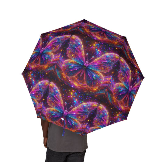 Psychedelic Glittery Butterfly Semi-Automatic Foldable Umbrella