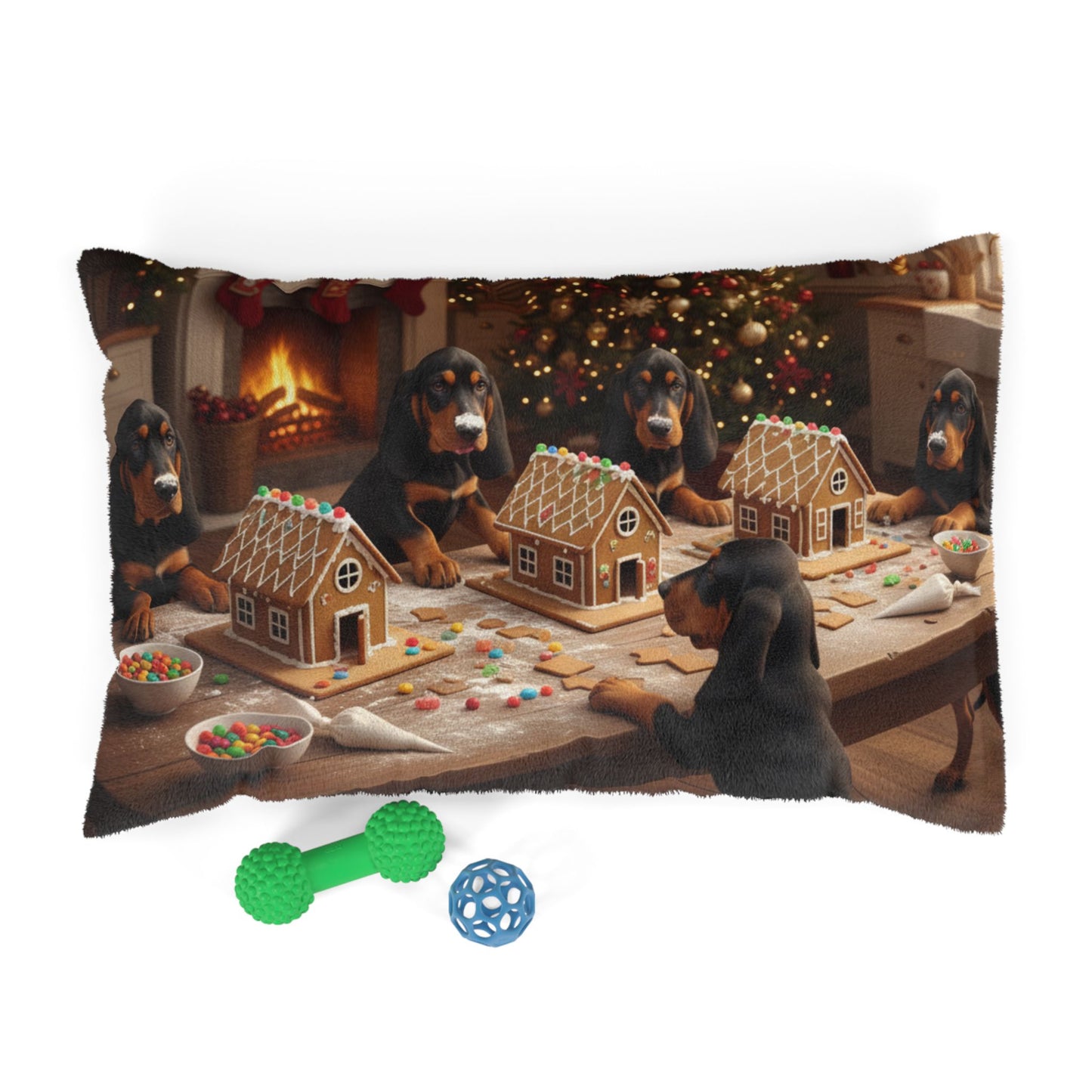 Festive Black and Tan Coonhounds Building Gingerbread Houses Pet Bed