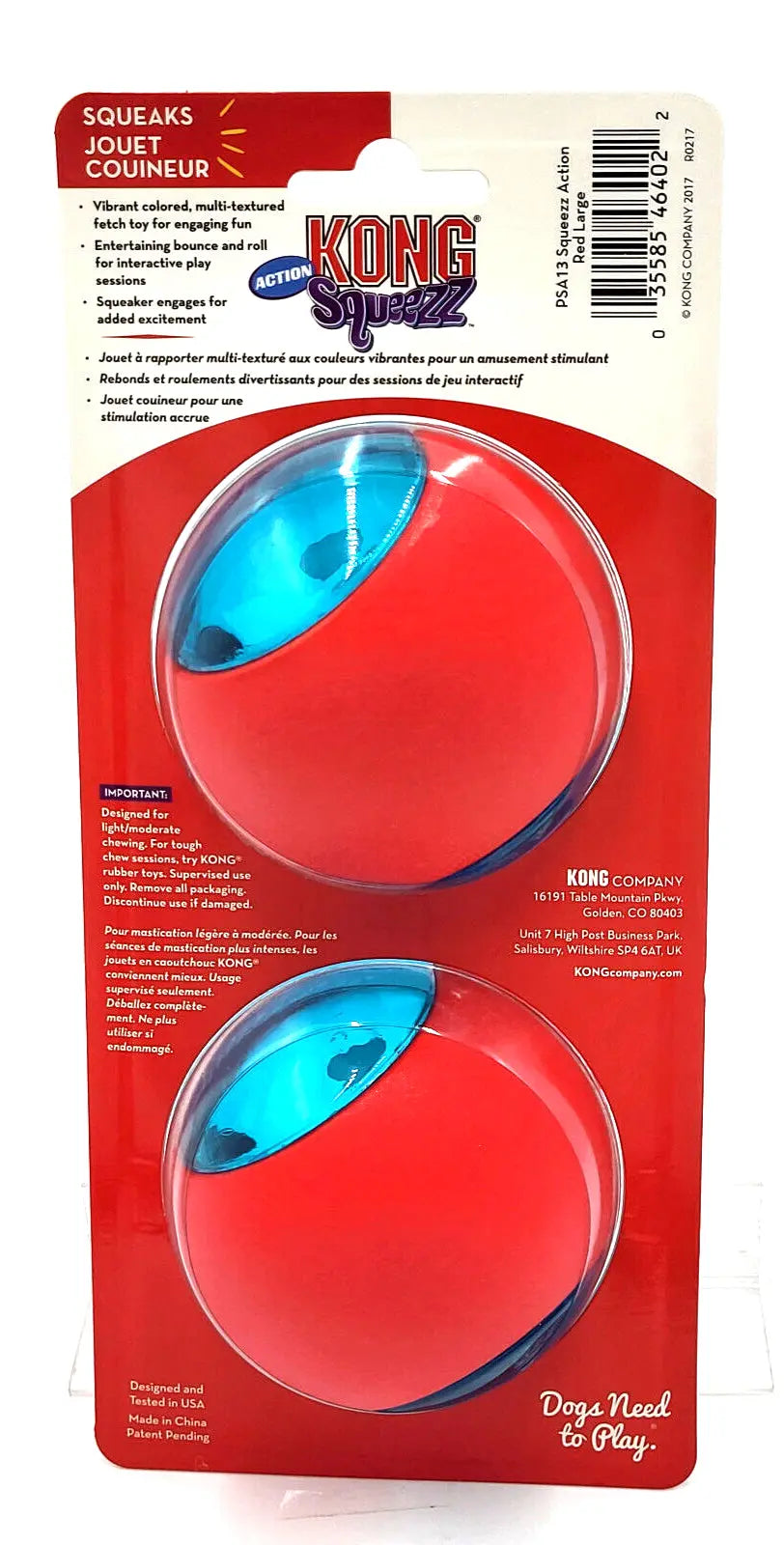 Balle d'action KONG Squeezz rouge, lot de 2, grande, jouet à lancer pour chien qui couine, 7,6 cm 