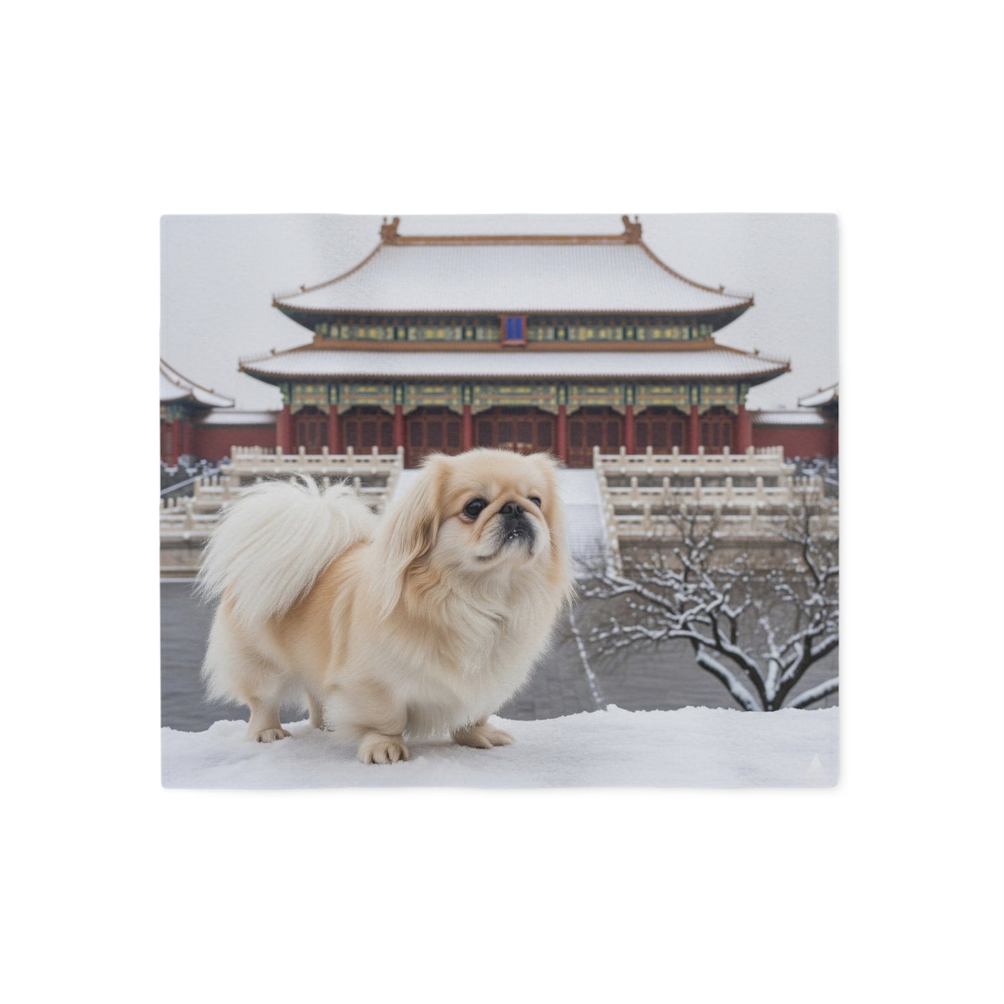 Pekingese in Snow Sweatshirt Blanket — Cozy Pet Photo Throw with Temple Background