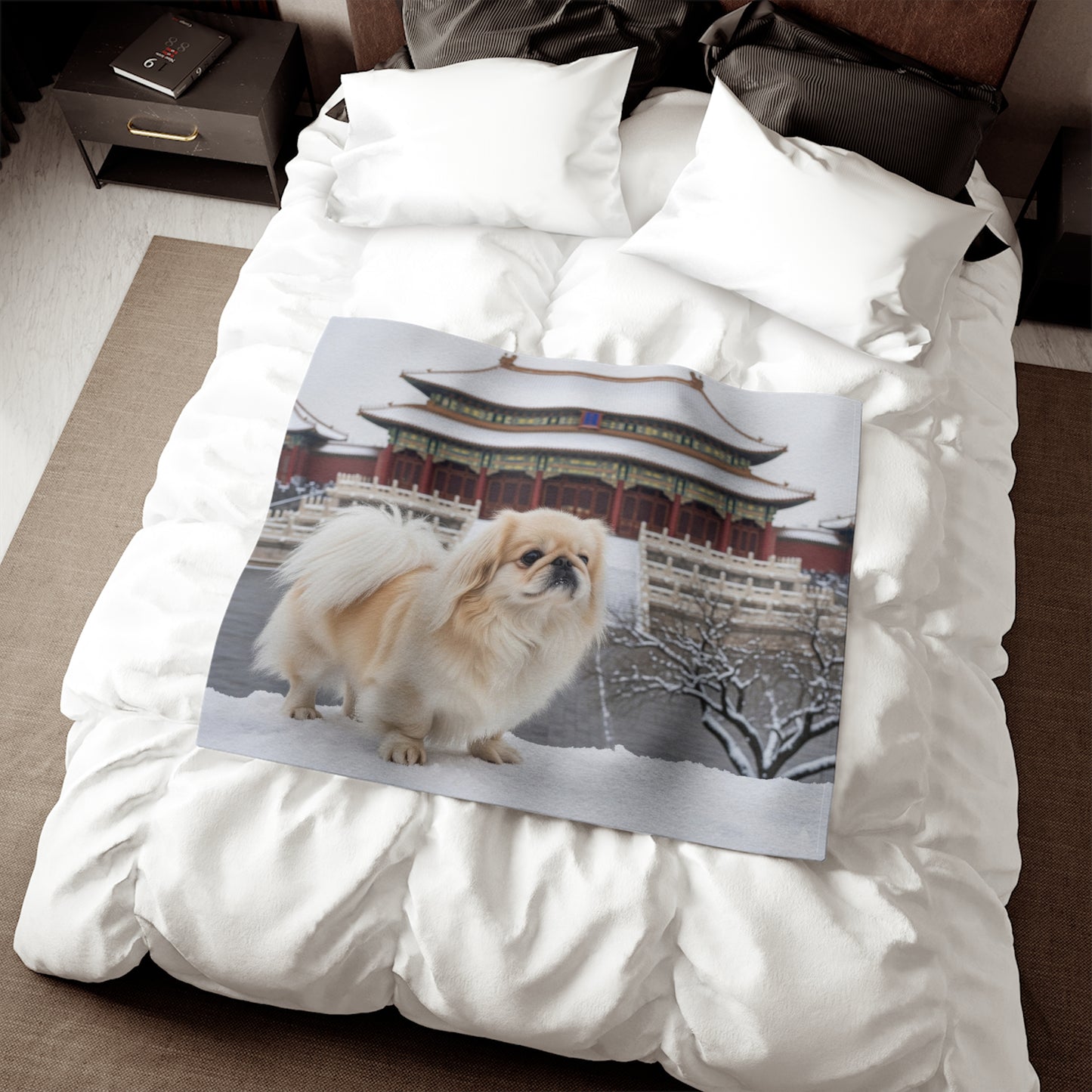 Pekingese in Snow Sweatshirt Blanket — Cozy Pet Photo Throw with Temple Background