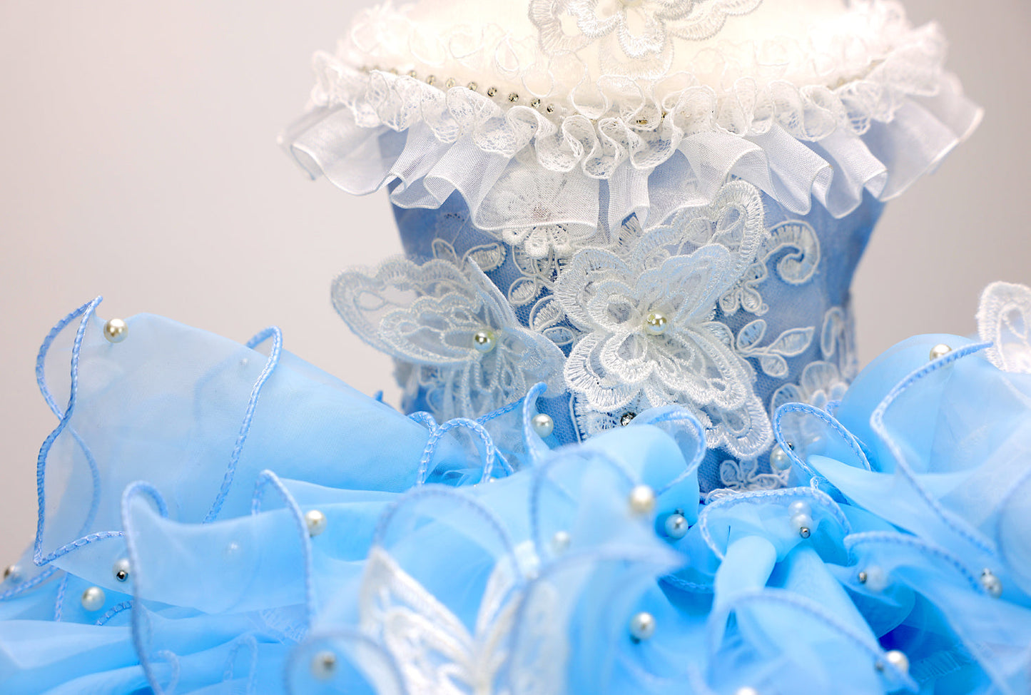 Handmade Sky Butterfly Princess Dog Dress – Luxury Blue Ruffle Ball Gown with Pearl Details