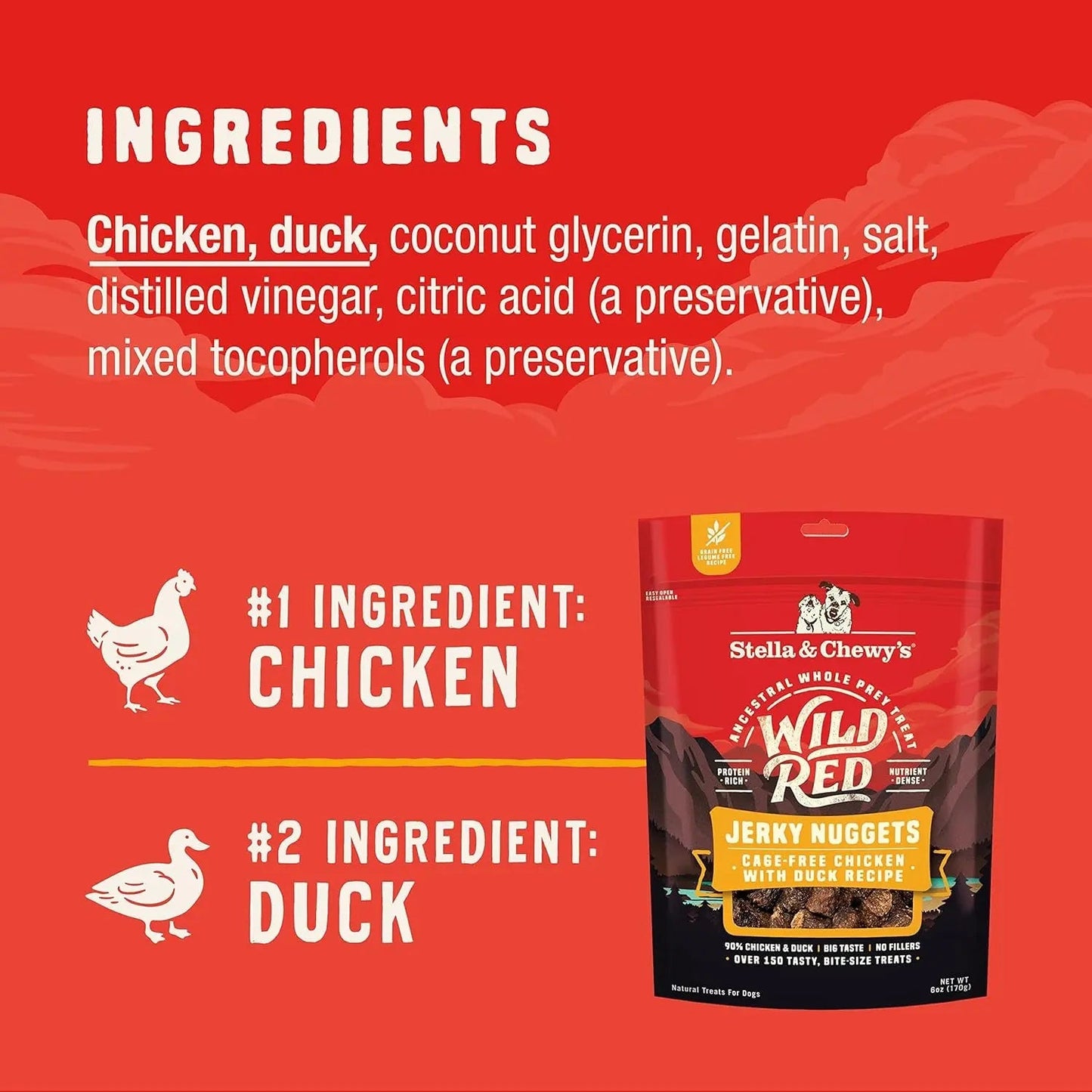 Croquettes de viande séchée Wild Red - Friandises pour chiens au poulet et au canard riches en protéines (90 %) - Sans céréales - Récompenses d'entraînement pour toutes les races - Fabriquées aux États-Unis - Sachet de 170 g