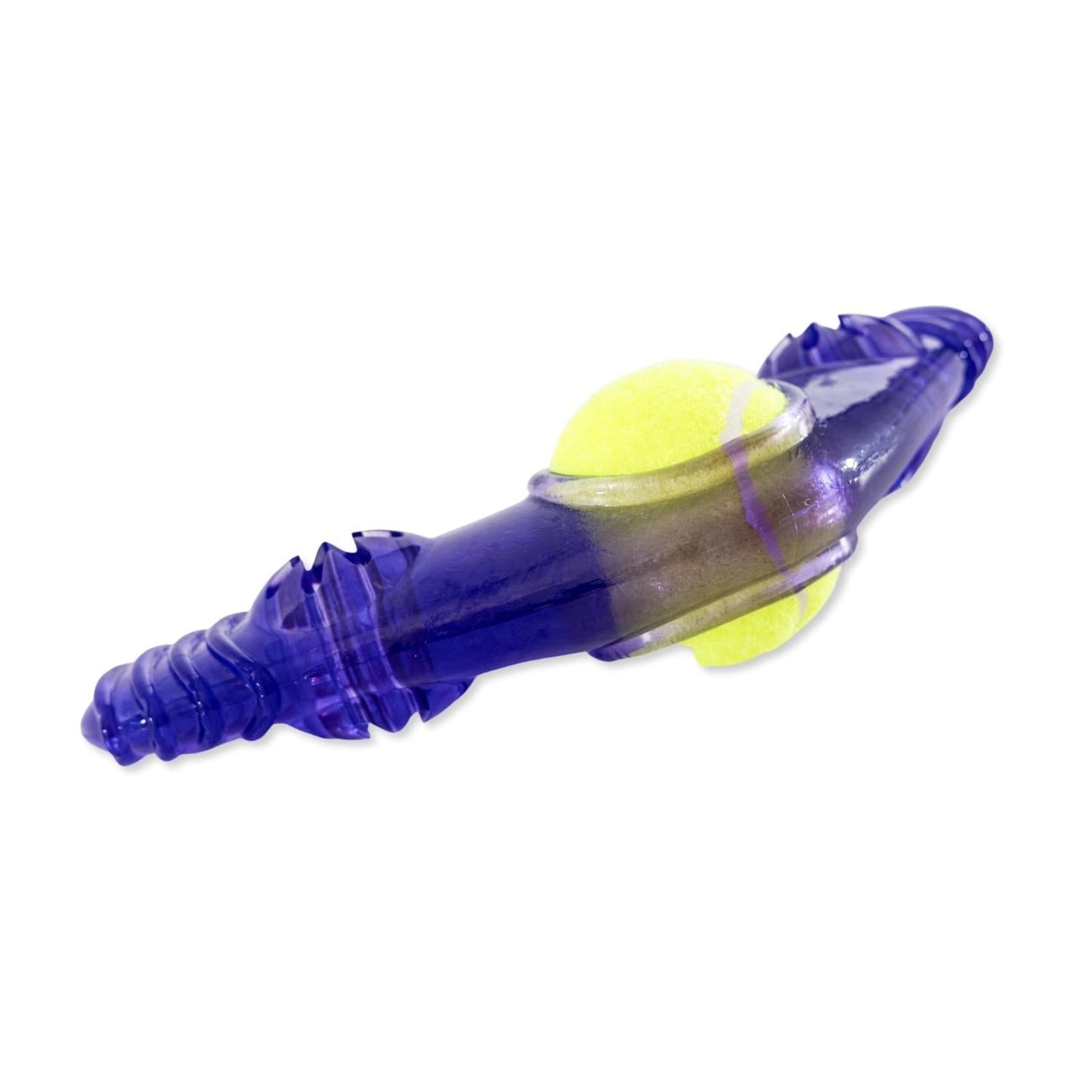 Juguete masticable Boomerang de TPR para perros con pelota de tenis chirriante extraíble y relleno de golosinas 