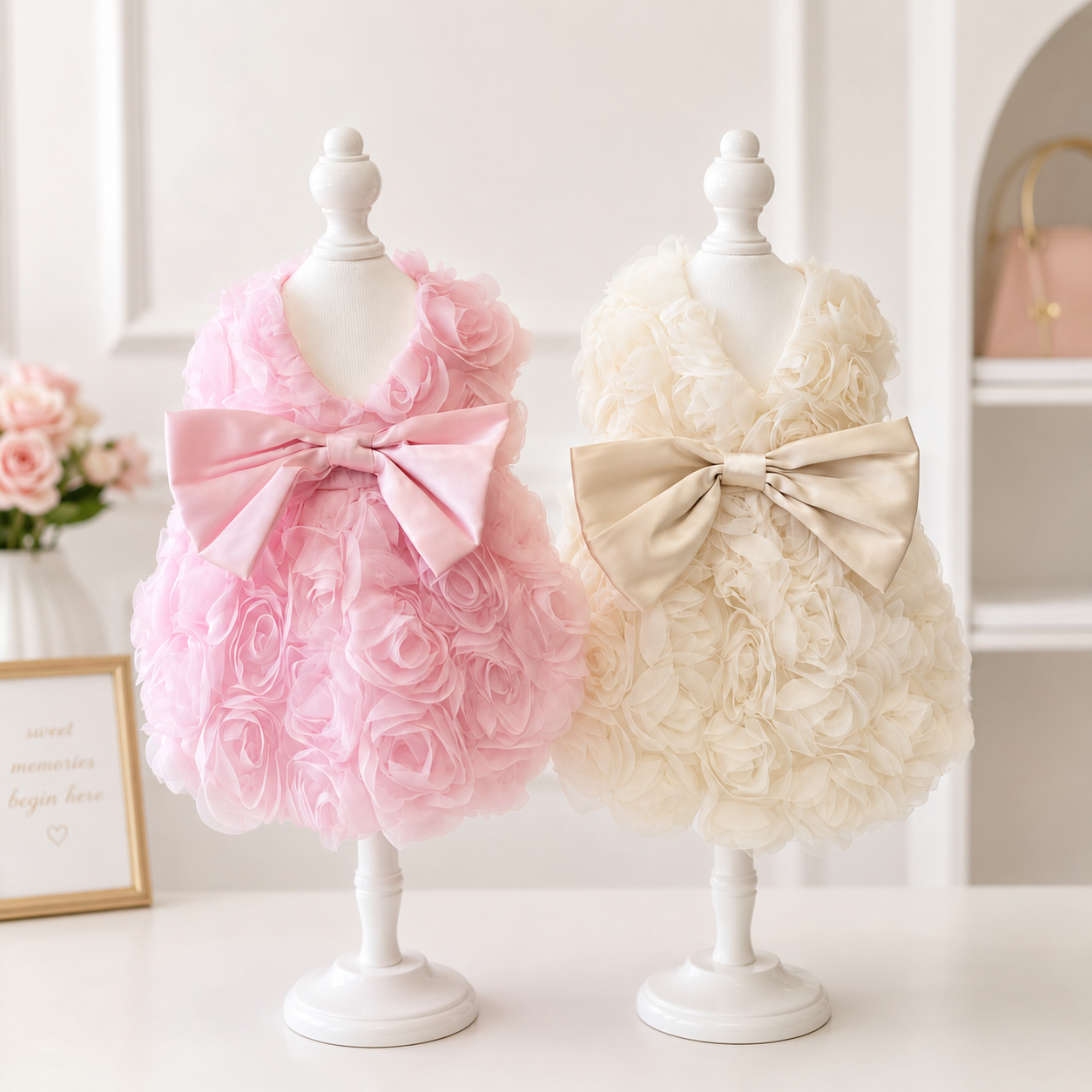 Luxury Rose Pet Dress for Small Dogs – 3D Floral Princess Puppy Dress with Satin Bow