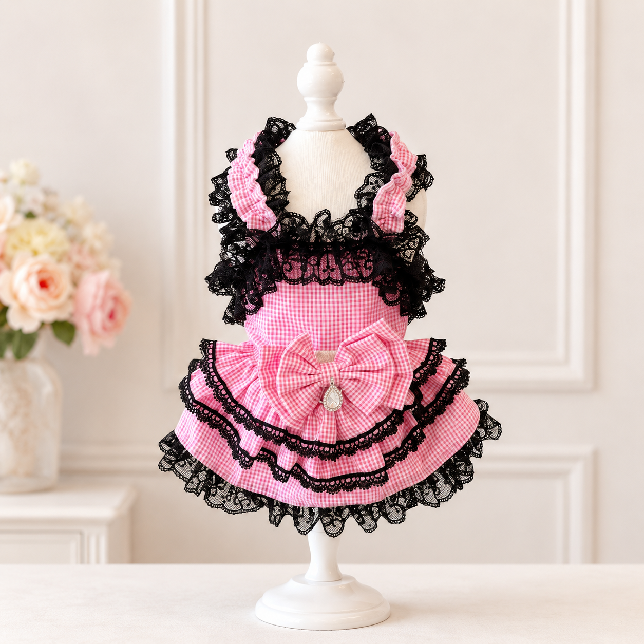 Pink Gingham Lace Dog Dress – Boutique Princess Puppy Dress with Black Lace Ruffles & Bow