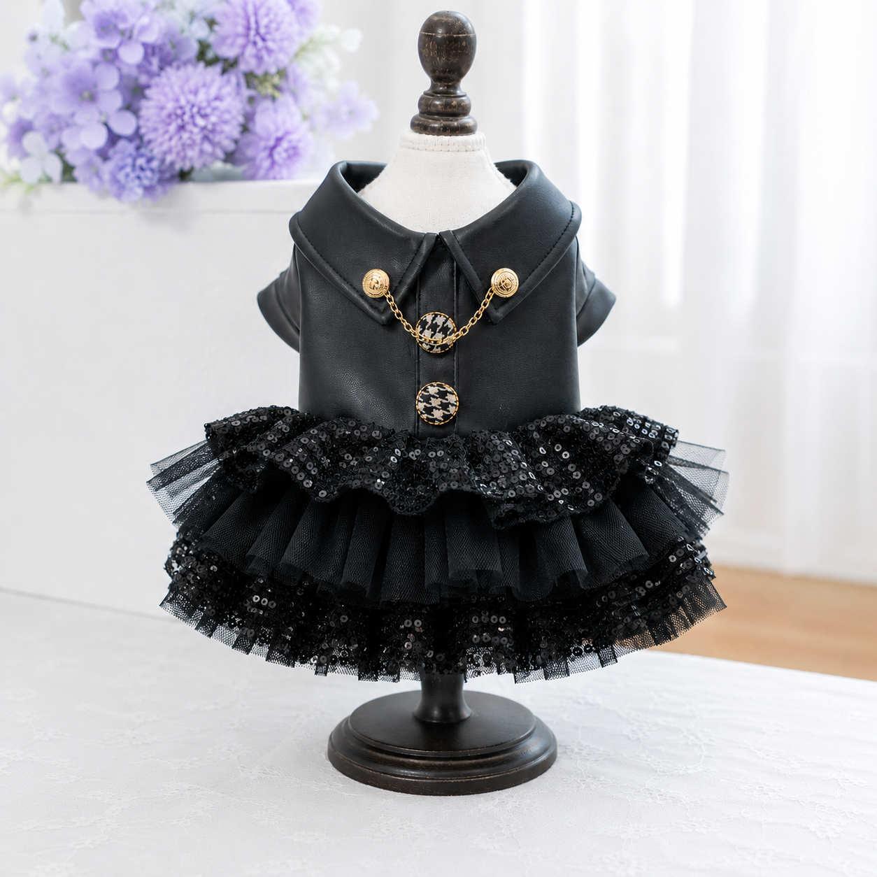 Luxury Black Tutu Dog Dress – Elegant Princess Puppy Dress with Sequins & Gold Chain Detail