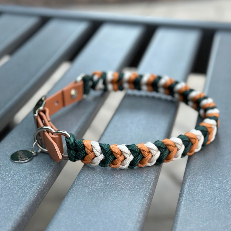 Coiled Charm Hand Braided Dog Collar in Hunter Green, Mustard, & Cream
