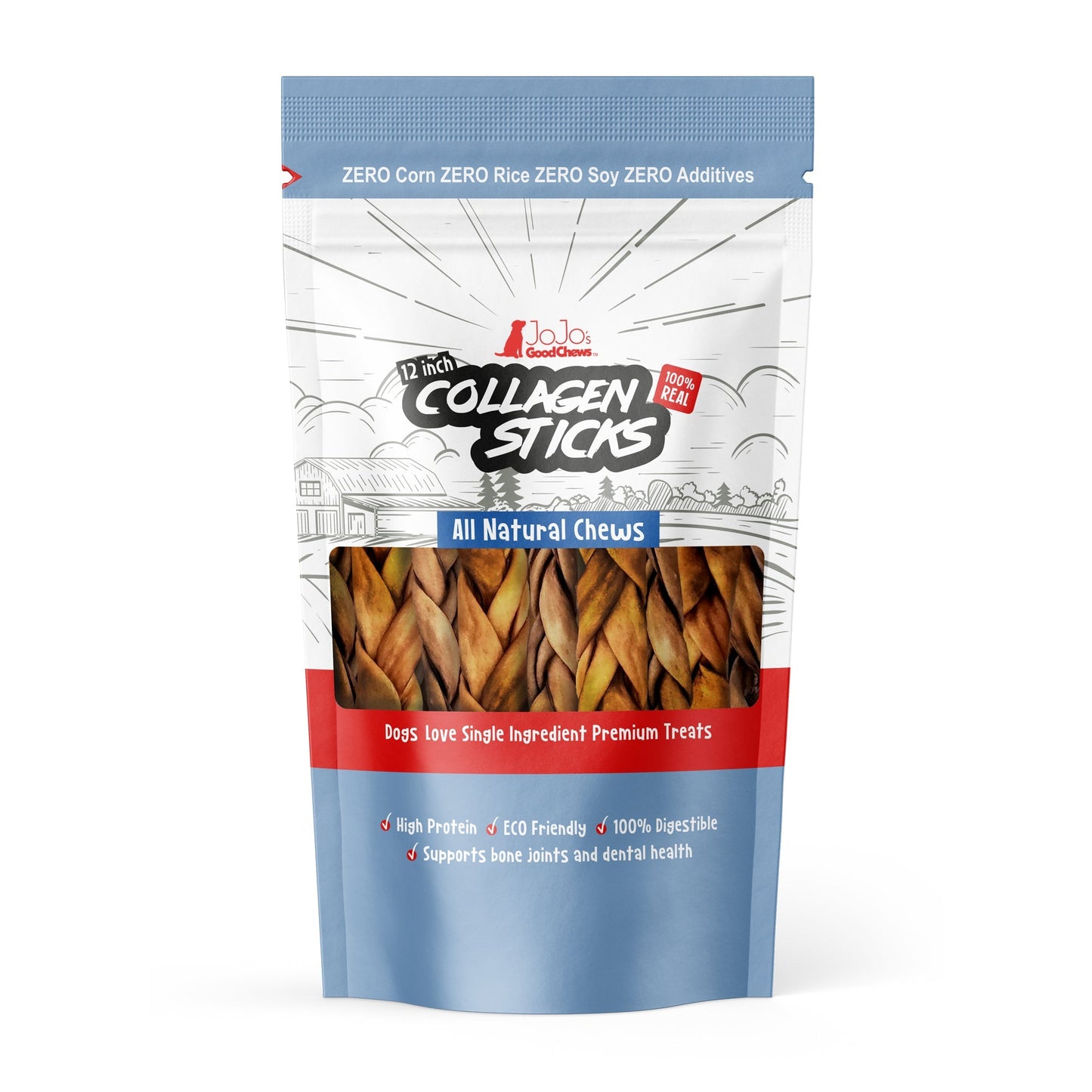 Braided Collagen Stick Dog Treats for Joint Health - 12-Inch Standard (4-Pack)