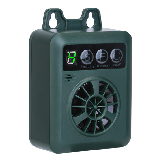 Dispositivo antiladridos ultrasónico de 15 metros con sensor sónico y 4 niveles de frecuencia ultrasónica, 4 niveles de sensibilidad, para interiores y exteriores.