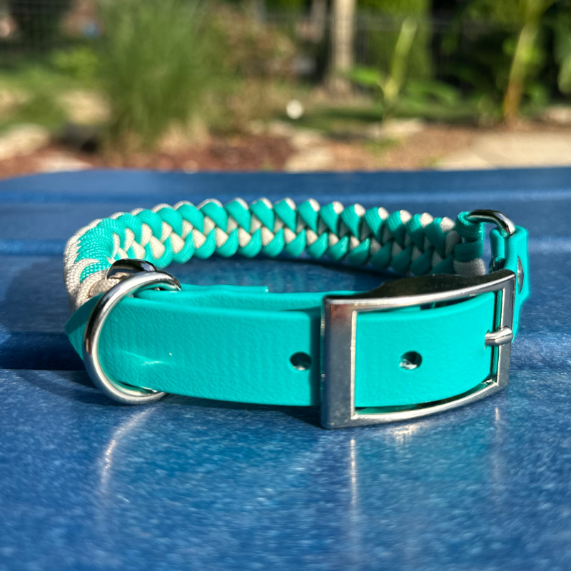 Collier pour chien tressé à la main en forme de queue de poisson, coloris turquoise et crème