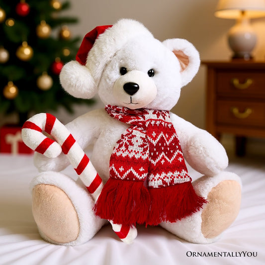 Oso polar de peluche Snowy, un adorable peluche navideño infantil de 30 cm con gorro de Papá Noel y bastón de caramelo.