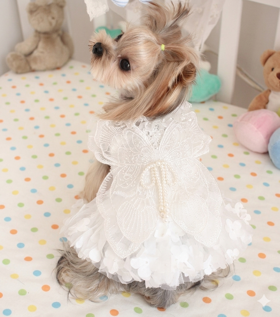 Handmade Luxury White Angel Dog Dress Pearl Butterfly Wedding Pet Dress