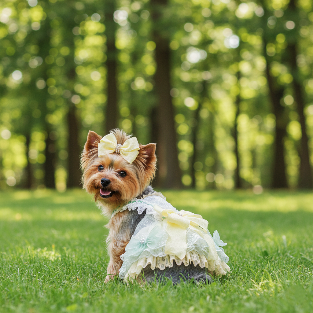 Handmade Cute Dog Dress Yellow Lace Bowknot Outfit