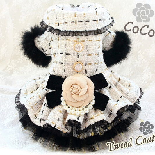 Handmade Luxury Tweed Dog Dress with Fur Trim | Designer Small Dog Coat Dress