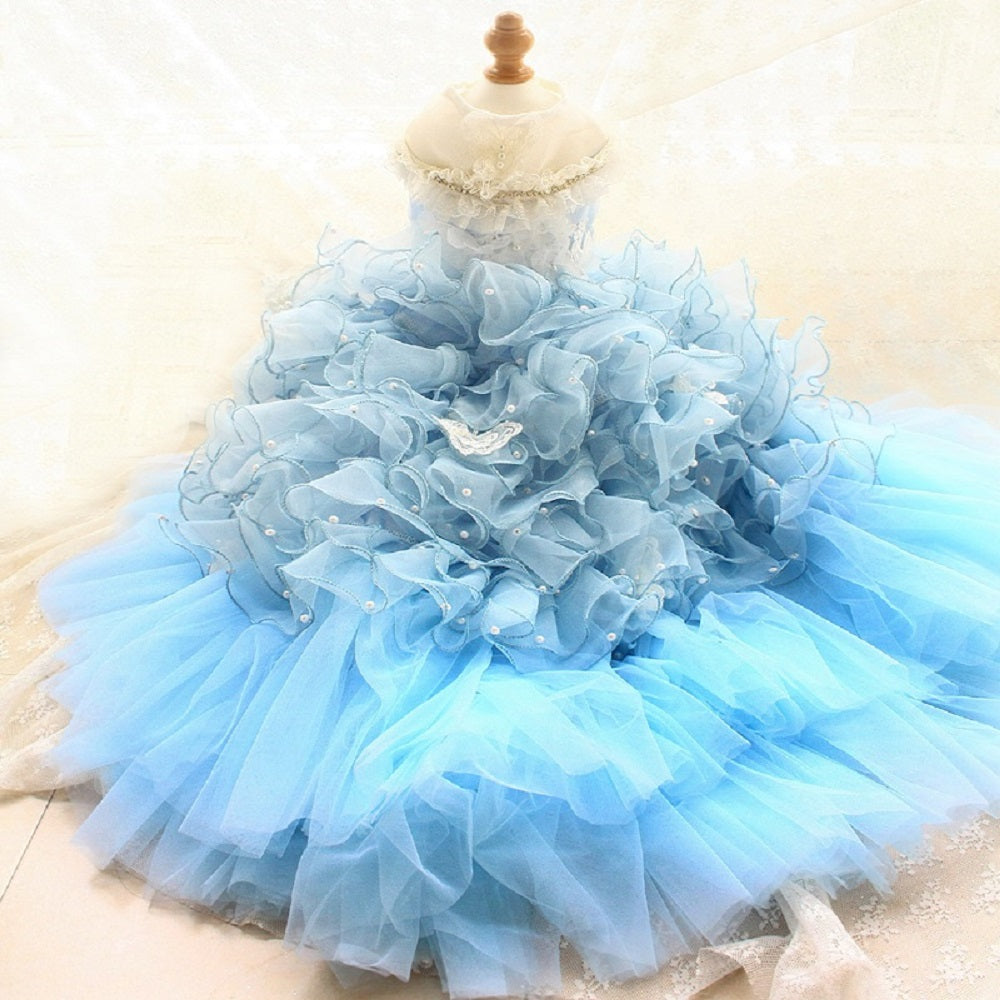 Handmade Sky Butterfly Princess Dog Dress – Luxury Blue Ruffle Ball Gown with Pearl Details
