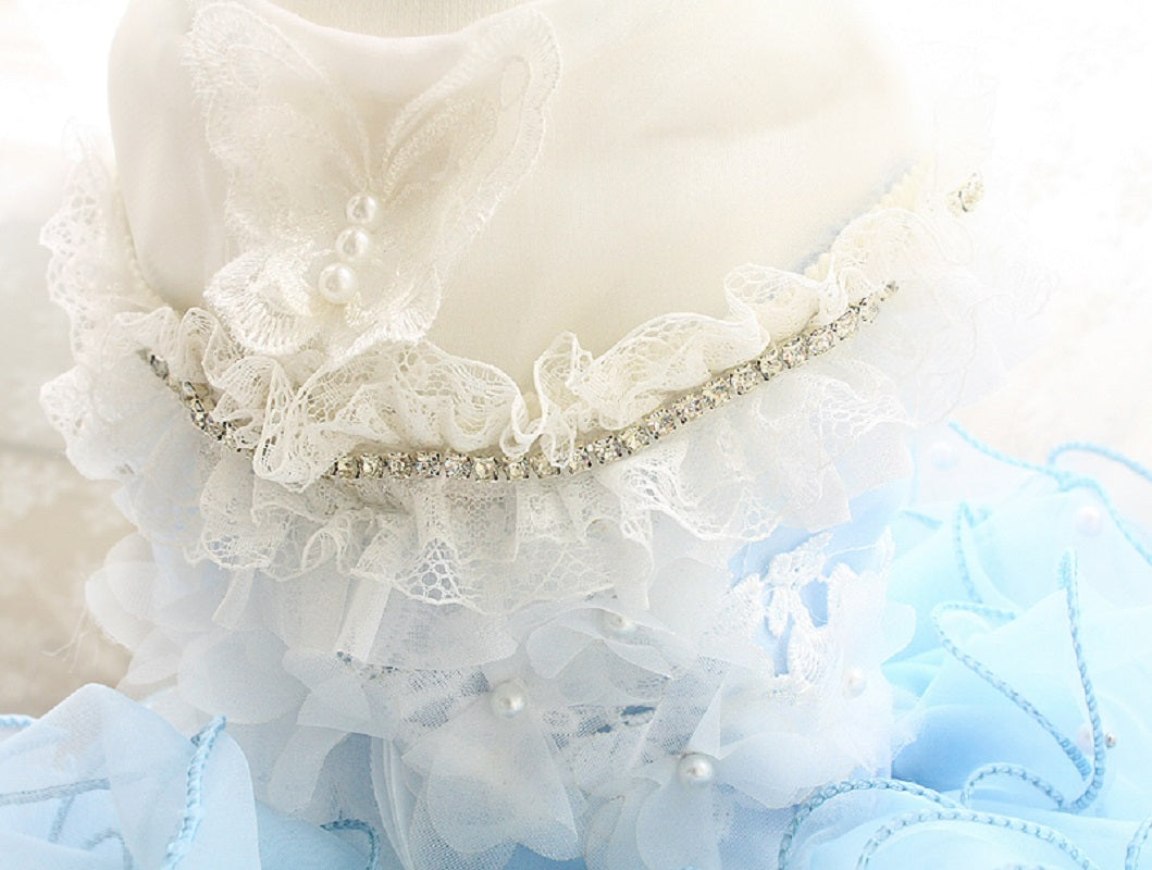 Handmade Sky Butterfly Princess Dog Dress – Luxury Blue Ruffle Ball Gown with Pearl Details