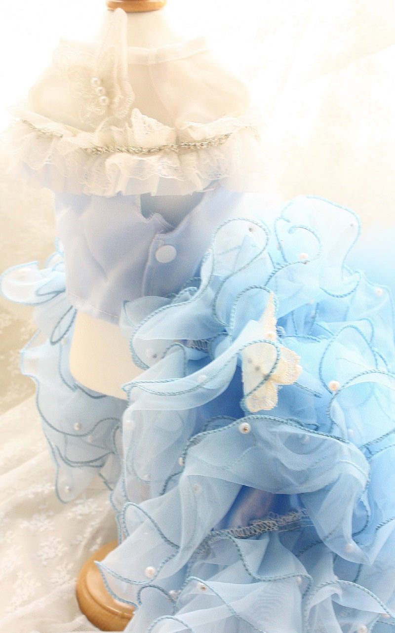 Handmade Sky Butterfly Princess Dog Dress – Luxury Blue Ruffle Ball Gown with Pearl Details