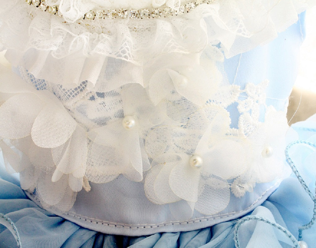 Handmade Sky Butterfly Princess Dog Dress – Luxury Blue Ruffle Ball Gown with Pearl Details