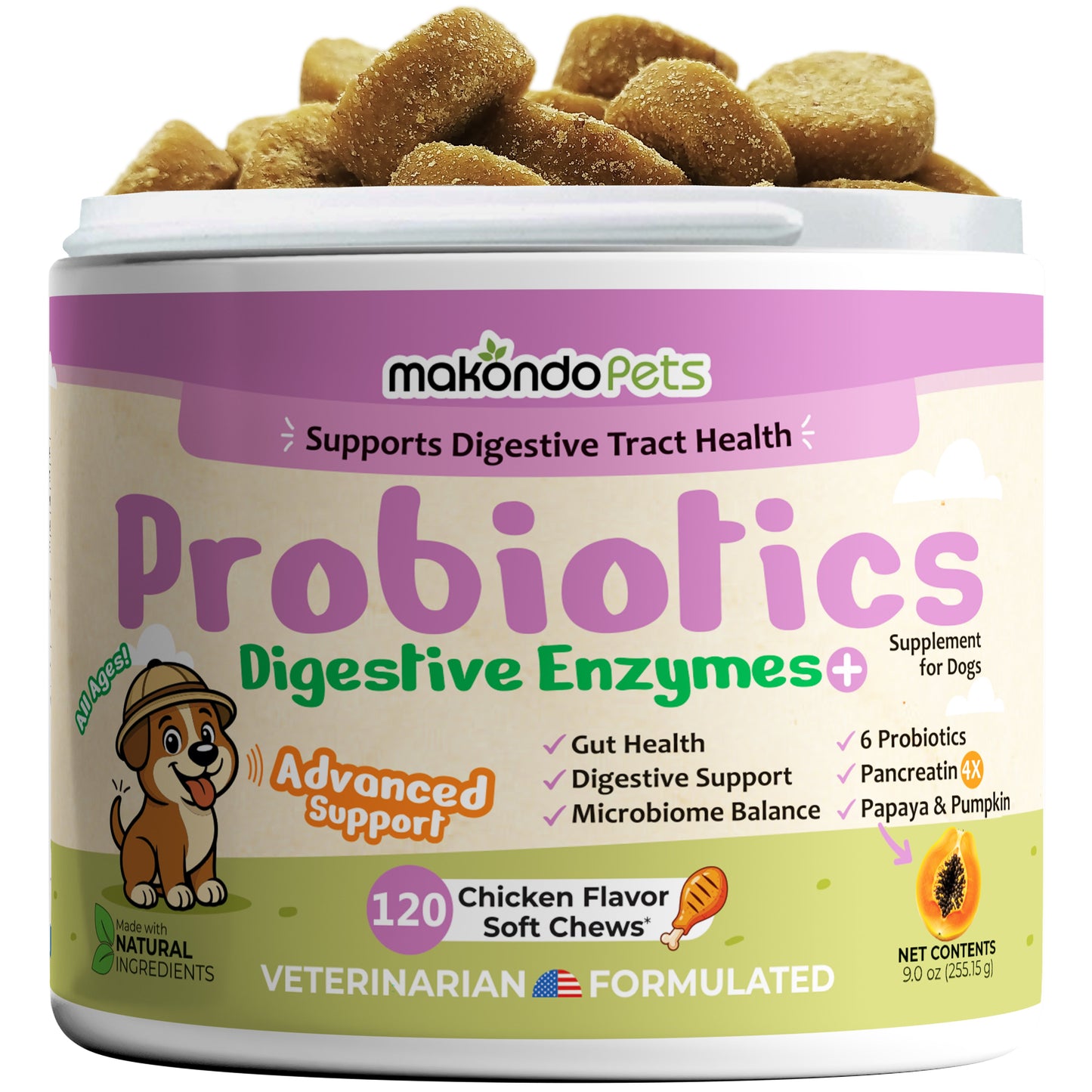 Enzimas digestivas probióticas para perros - 120 comprimidos masticables blandos