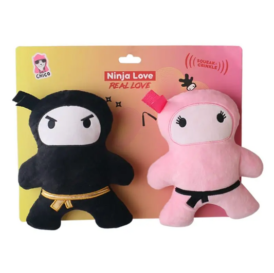 Coffret cadeau de peluches pour chien Ninja Love rose et noir – avec couineur et papier froissé pour des heures de jeu amusantes