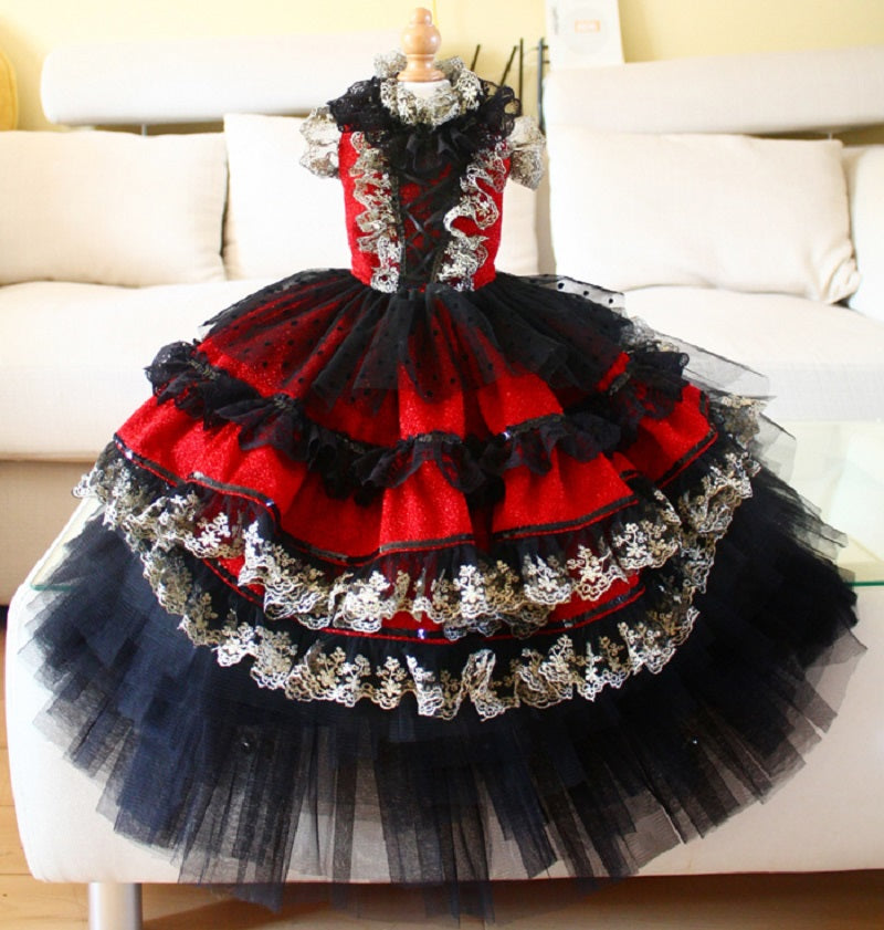 Red Gothic Princess Dog Dress – Luxury Victorian Puppy Ball Gown with Black Lace Crinoline Skirt