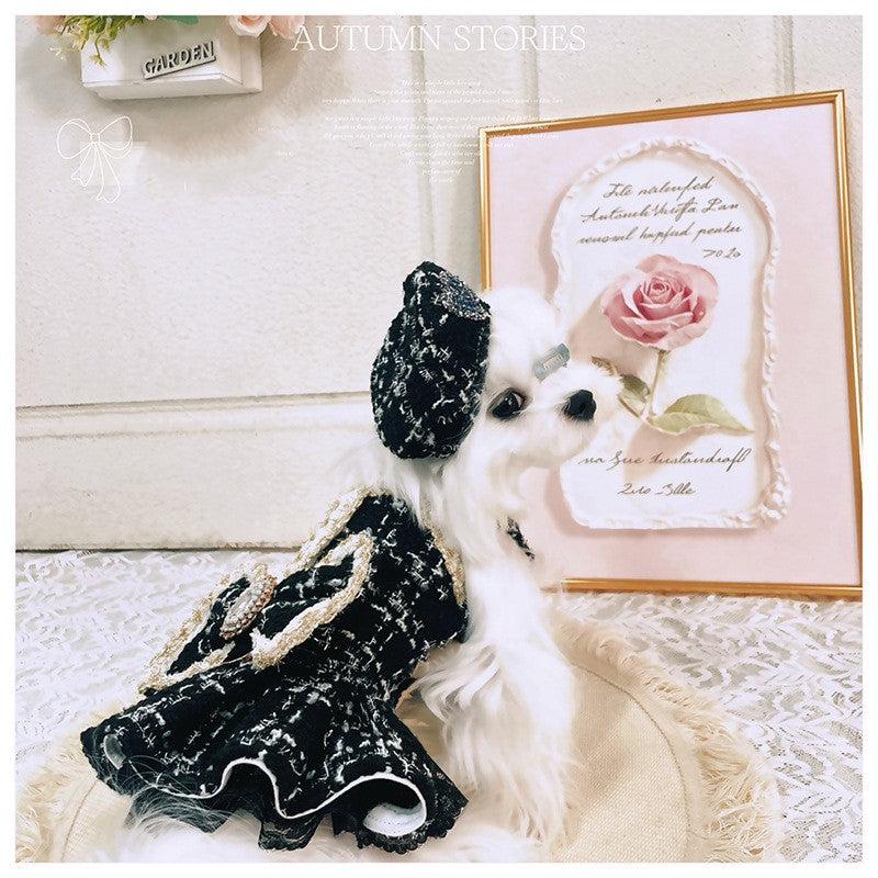 Luxury Black Tweed Rhinestone Dog Dress with Hat – Elegant French Couture Style