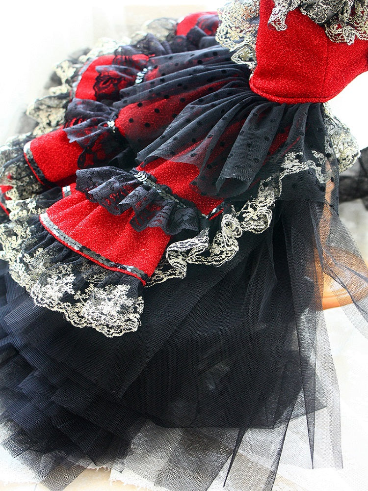 Red Gothic Princess Dog Dress – Luxury Victorian Puppy Ball Gown with Black Lace Crinoline Skirt