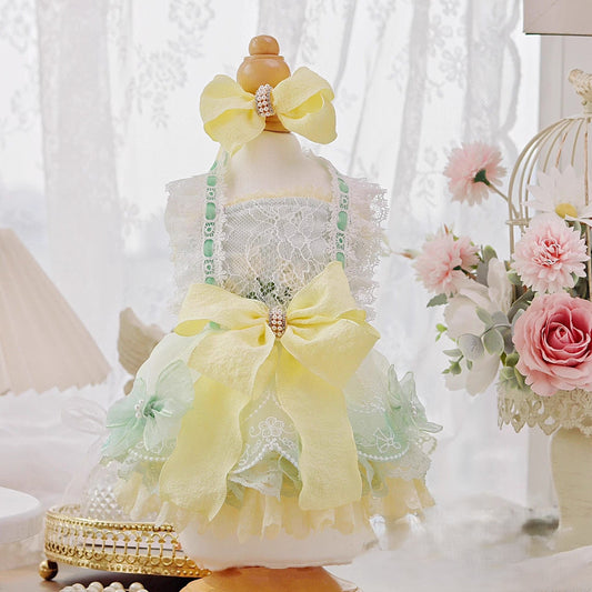 Handmade Cute Dog Dress Yellow Lace Bowknot Outfit