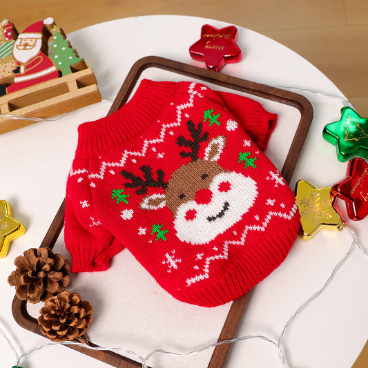 Christmas Reindeer Holiday Knit Sweater for Dogs & Cats – Warm Red Pullover