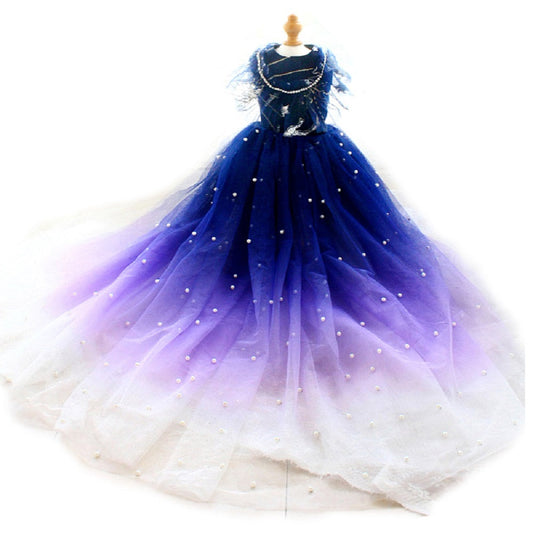 Handmade Midnight Galaxy Princess Dog Dress – Navy Blue Ombre Star Wedding Gown with Pearl Train