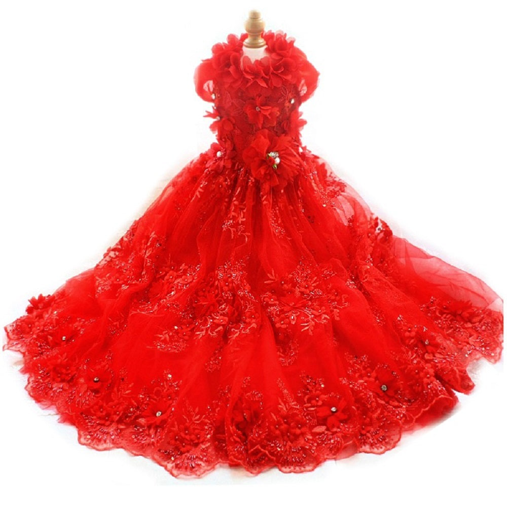 Handmade Ruby Rose Royal Dog Dress – Luxury Red Floral Wedding Gown with Crystal Train