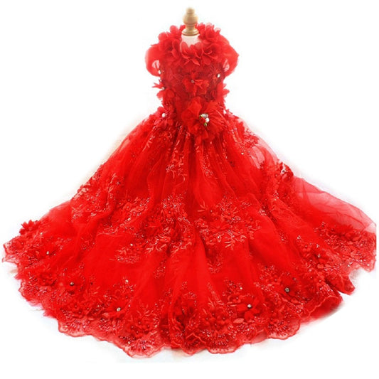 Handmade Ruby Rose Royal Dog Dress – Luxury Red Floral Wedding Gown with Crystal Train