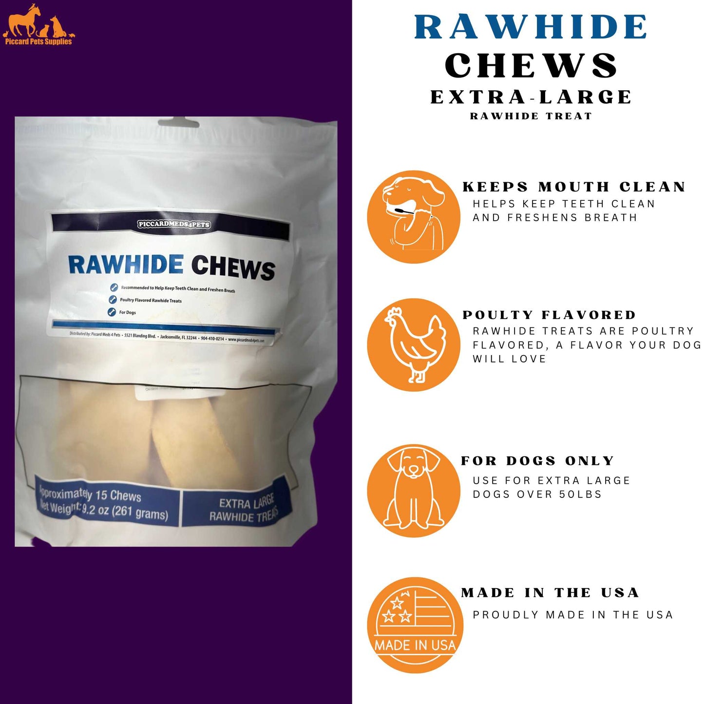 Piccardmeds4pets Rawhide Dental Chews for XL Dogs Over 50lbs.