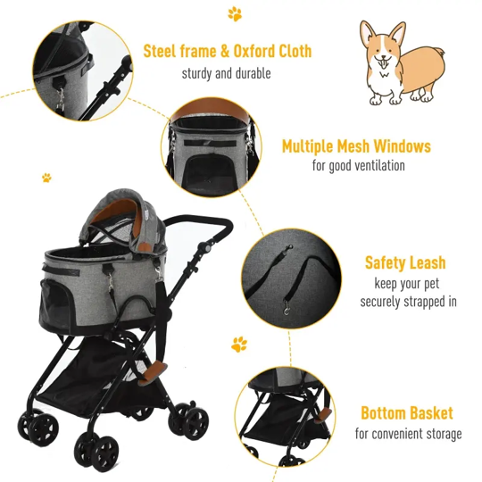 Cochecito plegable de lujo para mascotas, 2 en 1 (gris) 