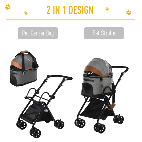 Cochecito plegable de lujo para mascotas, 2 en 1 (gris) 