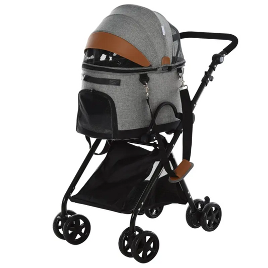 Poussette de voyage pliable de luxe pour animaux de compagnie 2 en 1 (Gris) 