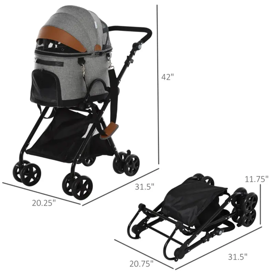 Cochecito plegable de lujo para mascotas, 2 en 1 (gris) 