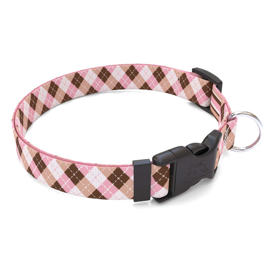 Collier pour chien rose et marron à motifs losanges