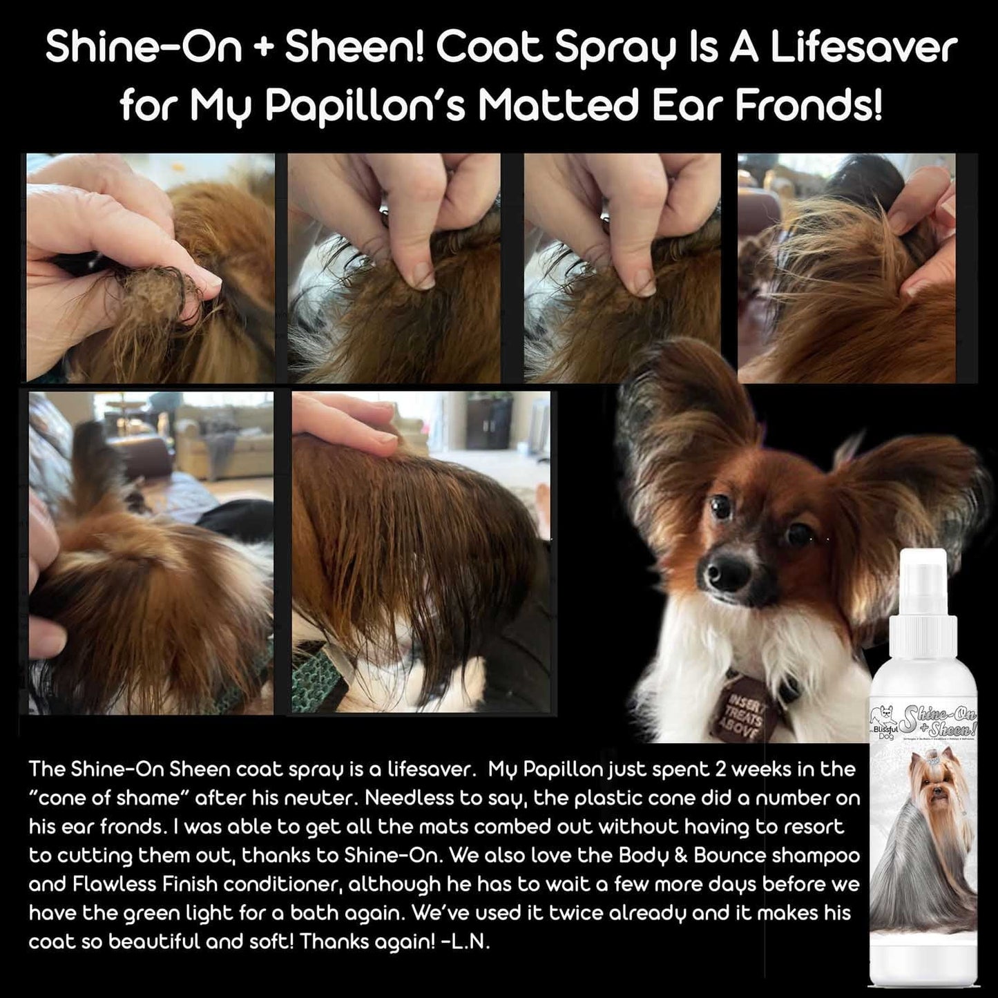 Spray desenredante para pelaje de perros Shine-On+Sheen 