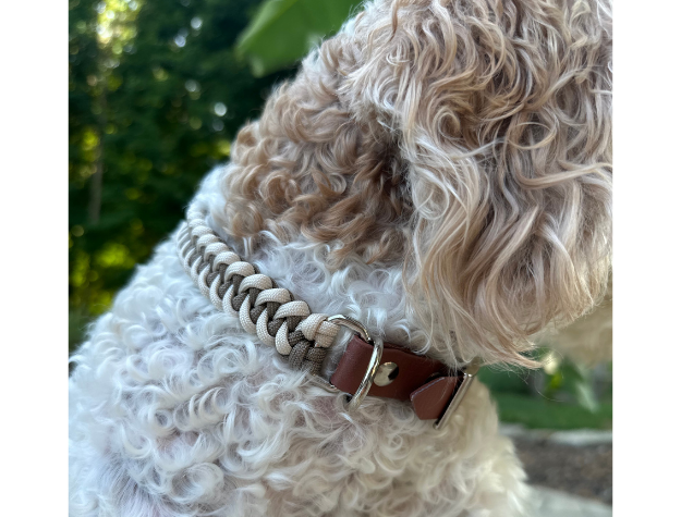 Collar para perro trenzado a mano con cola de pez en color tostado y crema