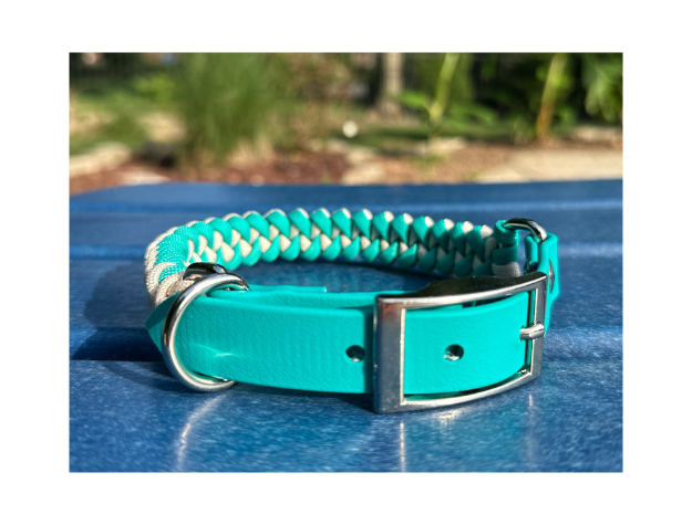 Collier pour chien tressé à la main en forme de queue de poisson, coloris turquoise et crème