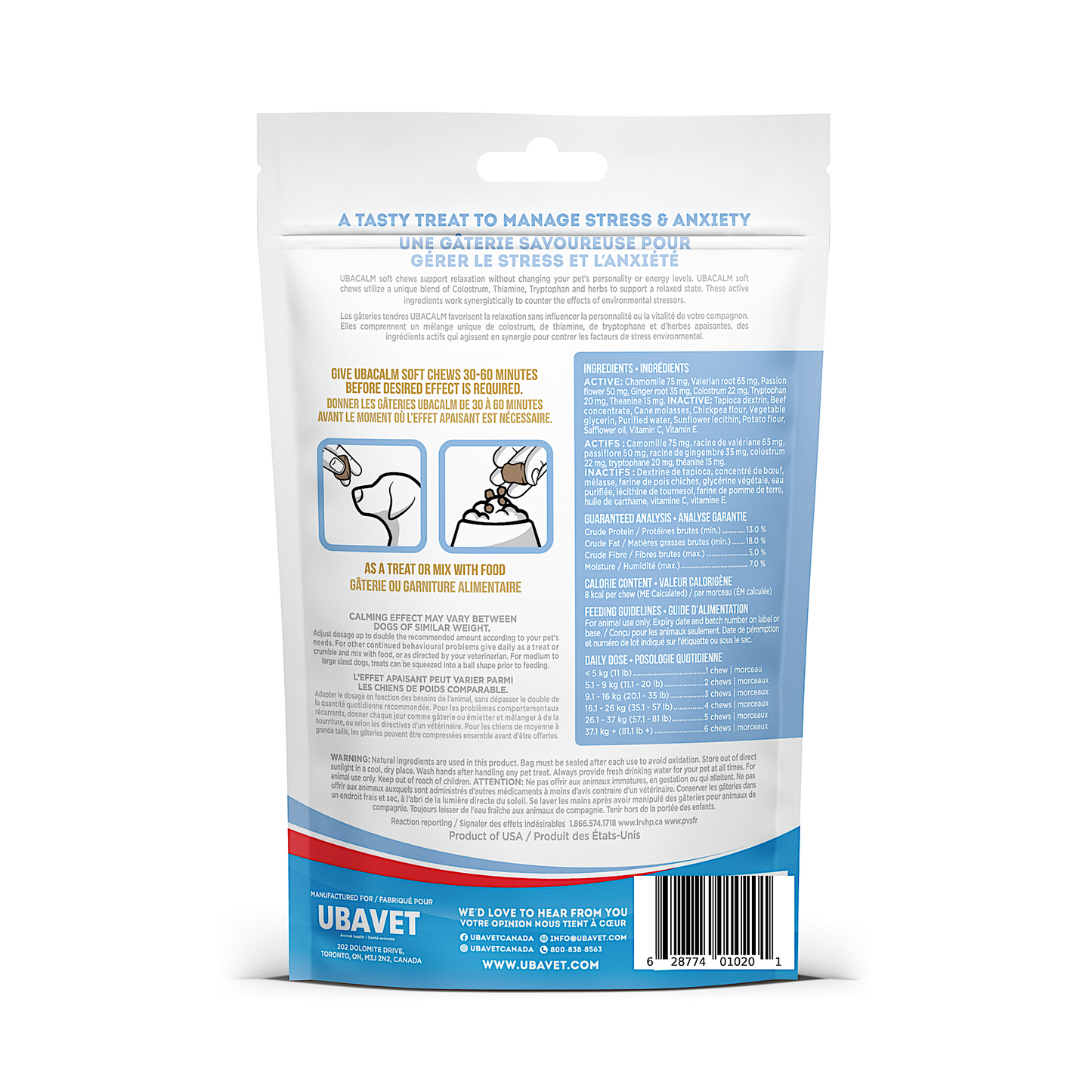 UBAVET UBACALM Masticables Suaves para Perros y Gatos: Alivio Natural del Estrés y la Ansiedad